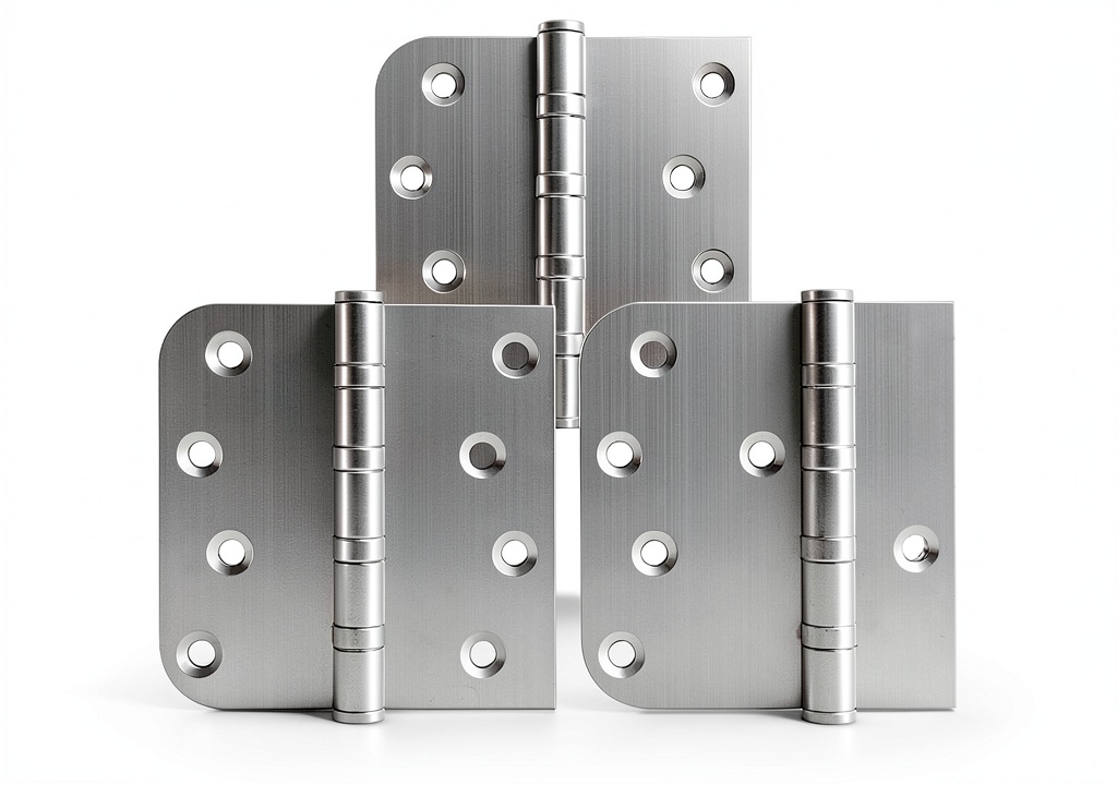 Kolet door hinges installed on a wooden door in brushed nickel finish