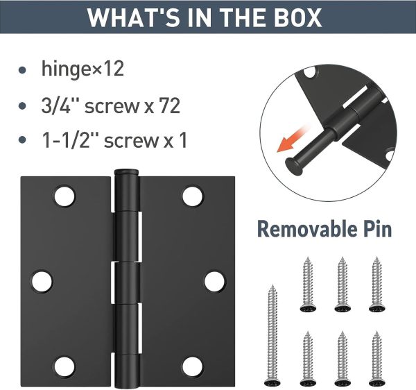 HOSOM Matte Black Door Hinges 12 Pack Steel Square Design-2
