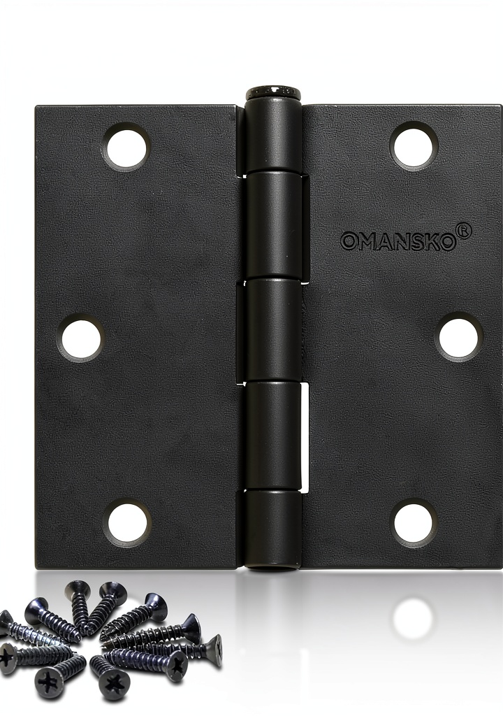Installing OMANSKO Matte Black Door Hinges Iron Square 6 Hole on a wooden desk