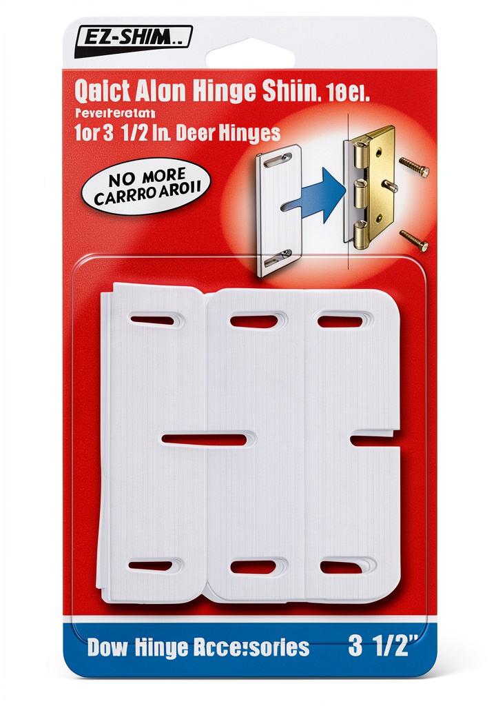 E-Z Shim white plastic door hinges mounted on a wooden door