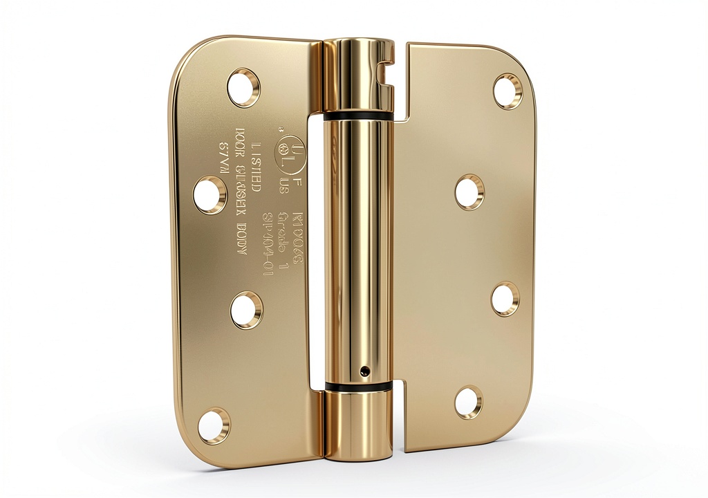'Goldenwarm self-closing spring hinge installed on a wooden door'