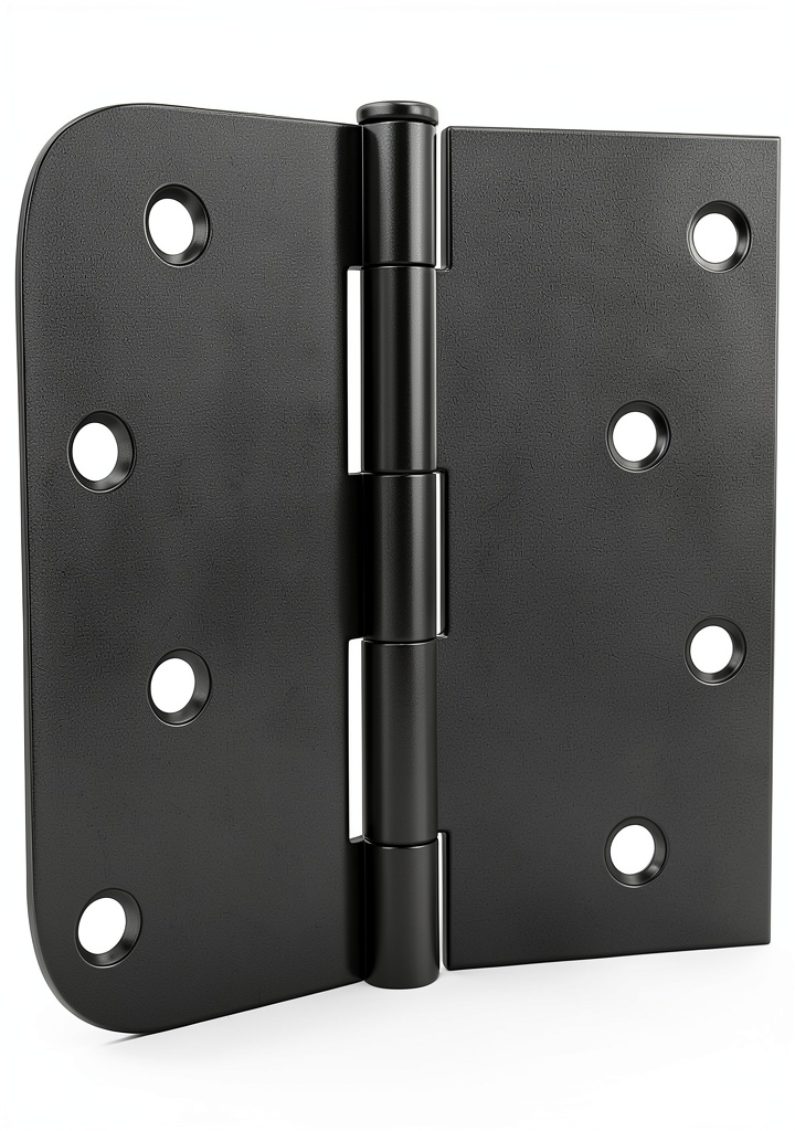 'Goldenwarm Matte Black door hinge installed on a wooden door'