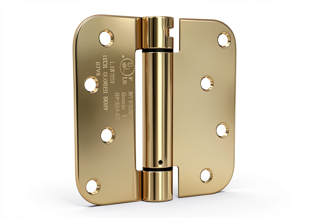 'Goldenwarm self-closing hinges installed on a wooden door'