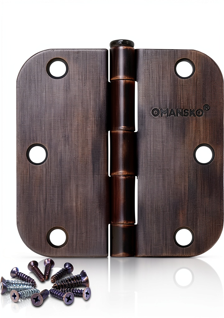 OMANSKO door hinges installed on a wooden door showing the oil rubbed bronze finish