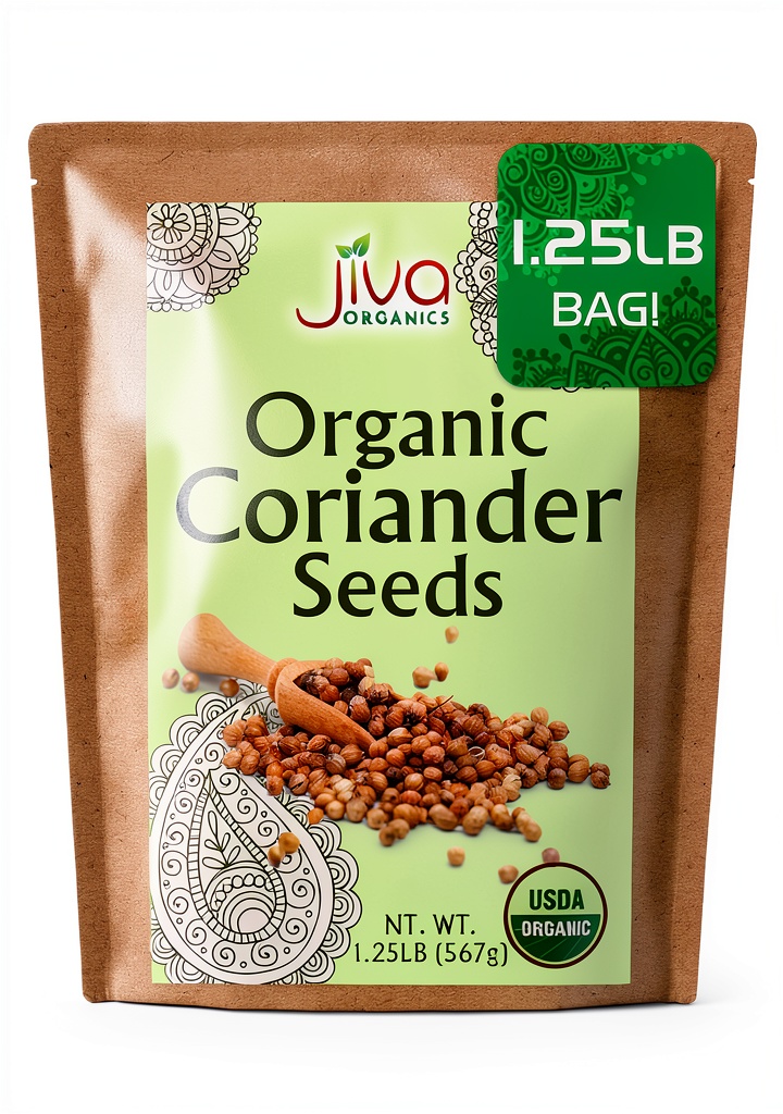 Jiva Organics coriander seeds bulk bag sitting on a kitchen countertop next to a spice jar