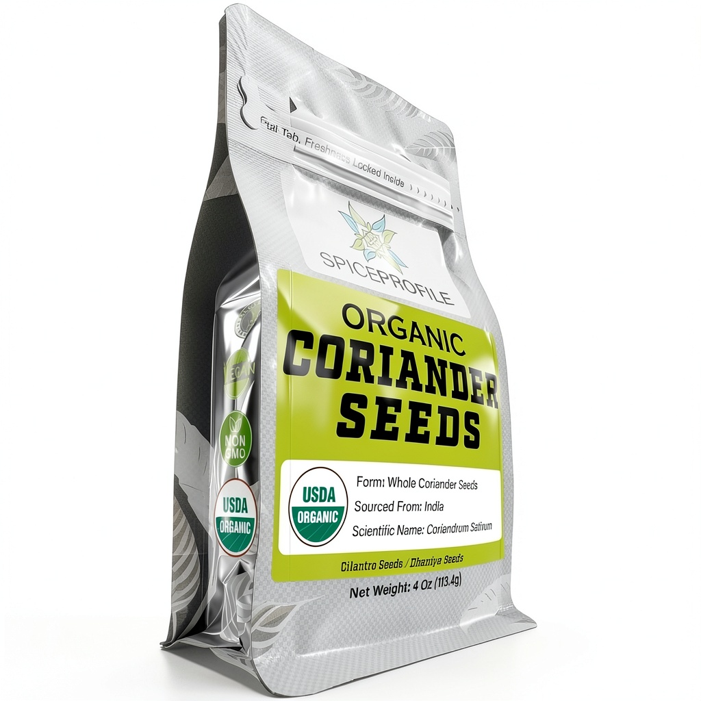 Organic coriander seeds in a resealable pouch