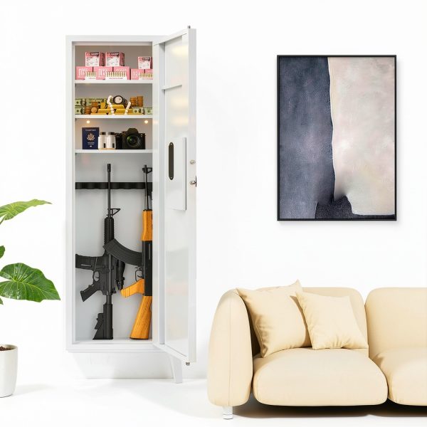 CuisinSmart 53" Wall Gun Safe, Wall Safe Between Stud, Hidden Gun Safe for Rifles with Adjustable Shelves,Assembled Rifle Gun Safes for Storage Firearm Money Valuables (White, Fingerprint)-1